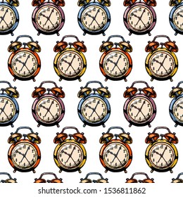 Seamless pattern with Alarm clock in vintage engraved style.