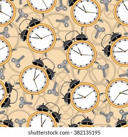 Seamless pattern, alarm clocks with keys. Vectorial illustration.