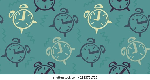 seamless pattern with alarm clocks in trendy colors. texture grunge background
