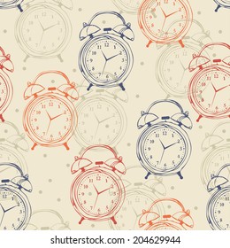 Seamless pattern with alarm clocks in vintage style. Vector illustration. Retro background. Hipster.