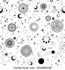 seamless pattern with alchemical and space elements