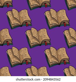 Seamless pattern of alchemy book vector illustration on purple background