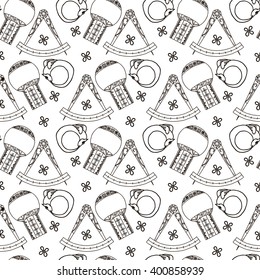 Seamless pattern Alchemy flask, compass and a dragon on a white background