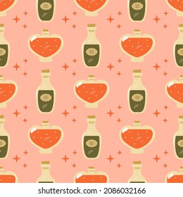 Seamless pattern with alchemy magic potions. Glass bottles with mystic love elixir background. Witch shop jars with colorful liquid vector for print, textile, wrapping paper, design