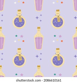 Seamless pattern with alchemy magic potions. Glass bottles with mystic elixir background. Witch shop jars with colorful liquid vector for print, textile, wrapping paper, design