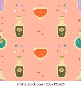 Seamless pattern with alchemy magic potions. Glass bottles with mystic love elixir background. Witch shop jars with colorful liquid vector for print, textile, wrapping paper, design