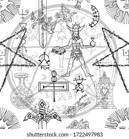 Seamless pattern with alchemy and mystic symbols on white.  Halloween line art vector illustration. Esoteric, occult and gothic background