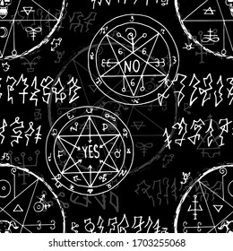 Seamless pattern with alchemy secret signs and magic seals on black. Esoteric and occult illustration with mystic and gothic symbols. No foreign language, all elements are fantasy.