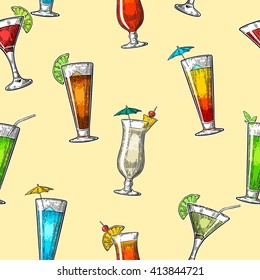 Seamless pattern alcohol cocktail set. Vintage vector engraving illustration for web, poster, menu, invitation to summer beach party. Isolated on beige background.