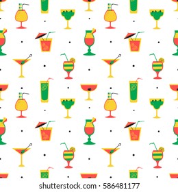 Seamless pattern with alcohol cocktails. Flat style background with drinks, juice and decorations in glasses with fruits. Vector illustration for beach summer party, wrapping, posters and backdrops