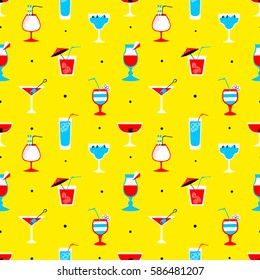 Seamless pattern with alcohol cocktails. Flat cartoon style background with drinks, juice and decorations in glasses . Vector illustration for beach summer party, wrapping, posters and backdrops