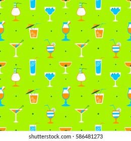 Seamless pattern with alcohol cocktails. Flat style background with drinks, juice and decorations in glasses with fruits. Vector illustration for beach summer party, wrapping, posters and backdrops