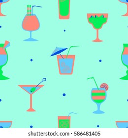 Seamless pattern with alcohol cocktails. Flat cartoon style tile background with drinks, juice and decorations in glasses with fruits. Vector illustration for beach summer party, wrapping, posters 