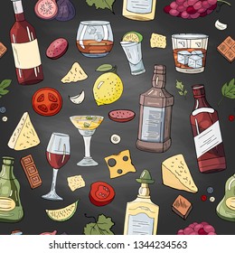 Seamless pattern with alcohol and drinks on black background