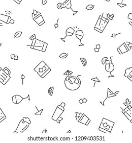 Seamless pattern with alcohol and glasses. Black and white thin line icons