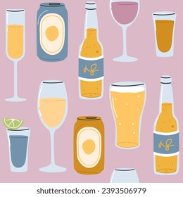 Seamless pattern with alcohol.Cover template for bar, pub menu,restaurant. Beer, can of beer, wine,  champagne,tequila on pink background.Trendy vector style.