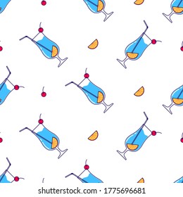 Seamless pattern with Alcoholic cocktail - blue lagoon. Vector illustration