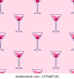 Seamless pattern with Alcoholic cocktail with cherry. Vector illustration