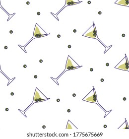 Seamless pattern with Alcoholic cocktail - martini with olive. Vector illustration