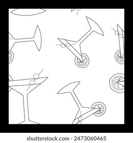 Seamless pattern with Alcoholic cocktail, Martini with Olive and Lime. Vector Outline illustration, Loop Background for Textile, Fabric, Cover, Wrapping paper. Beverage, Restaurant Menu template
