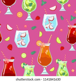 Seamless pattern with alcoholic cocktails and juices. Ice in glasses and juicy fruit on a bright pink background. Vector summer illustration for print on cover, wallpaper