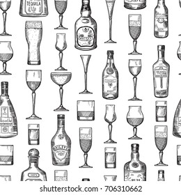 Seamless pattern with alcoholic drinking glasses. Vector illustration in hand drawn style. Alcoholic beverage sketch brandy and beer, whisky and tequila illustration