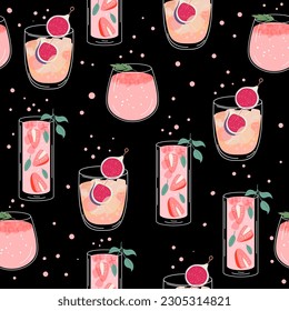 Seamless pattern with alcoholic and non-alcoholic summer cocktails with ice cubes, strawberries, figs. Pink tropical cocktails on black background.