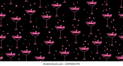 Seamless pattern with alcoholic and non-alcoholic summer cocktails. Background with glass of spilled cocktail. Pink tropical cocktails on black background. Splash drink.