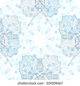 Seamless pattern with alder leaves and snowflakes, vector illustration.