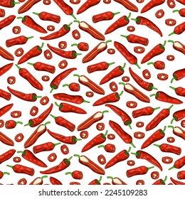 Patrón sin foco con pimientos de Alepo. Pimientos Halaby. Pimientos halabe. Capsicum annuum. Pimienta chile. Verduras. Estilo de caricatura. Ilustración vectorial aislada en fondo blanco.