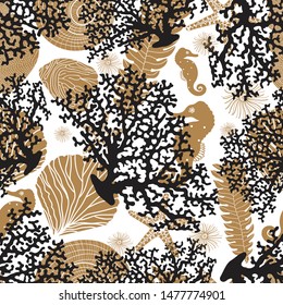 Seamless pattern with algae, corals , fish and seashells.