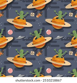 Seamless pattern, an alien appears from a planet with rings in outer space flat childrens doodle
