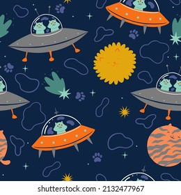 Seamless pattern with alien cats. Vector graphics.