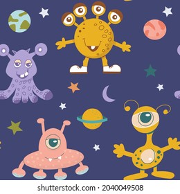 Seamless pattern of alien cute monsters and various planets and galactic stars. Vector flat illustration.