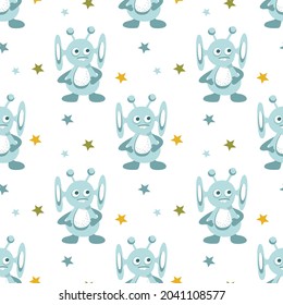 Seamless pattern of alien cute monsters and galactic stars. Vector flat illustration.