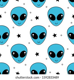 Seamless pattern of alien face and star on white background vector illustration. funny cartoon character.