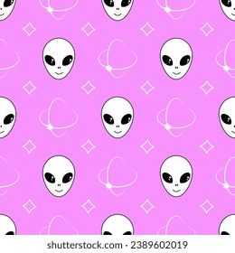 Seamless pattern alien face in Y2K style. The face of an alien on a pink background.