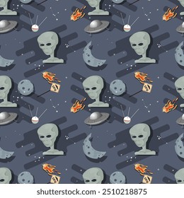 Seamless pattern, alien head in outer space among planets flat childrens doodles