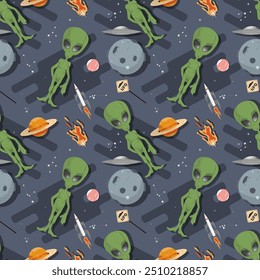 Seamless pattern, an alien in outer space among the planets flat childrens doodles