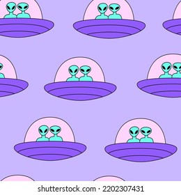 Seamless pattern with alien ship with cute aliens. Futuristic vector background