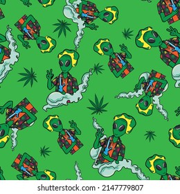 Seamless pattern of alien smoking weed on pipe. 