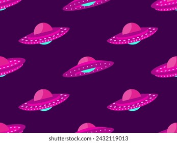 Seamless pattern with alien spaceships. Background with UFO and space flying saucers. UFO in the form of a saucer with lights. Design for print, banners and advertising. Vector illustration