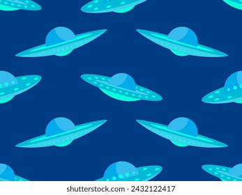 Seamless pattern with alien spaceships. Background with UFO and space flying saucers. UFO in the form of a saucer with lights. Design for print, banners and advertising. Vector illustration