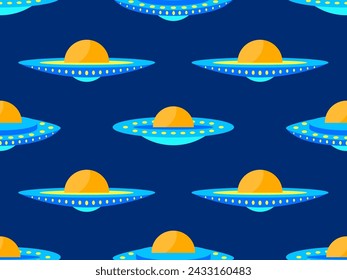 Seamless pattern with alien spaceships. Background with UFO and space flying saucers. UFO in the form of a saucer with lights. Design for print, banners and advertising. Vector illustration