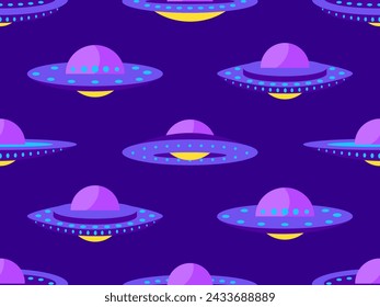 Seamless pattern with alien spaceships. Background with UFO and space flying saucers. UFO in the form of a saucer with lights. Design for print, banners and advertising. Vector illustration