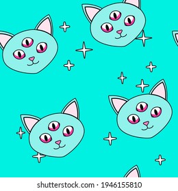 Seamless pattern with an alien three-eyed cat. Hand drawn doodle background for textile, fashion wear, wrapping paper.