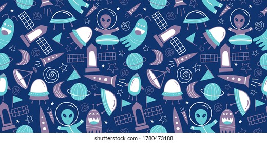 Seamless pattern of alien, UFO, satellite, robot and rocket childish drawing style. School board background, doodle with cartoon spaceships