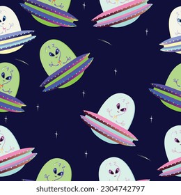 Seamless pattern aliens in flying saucers in space in a cartoon children's multicolored fun style. wallpaper, social media. vector illustration on space background.