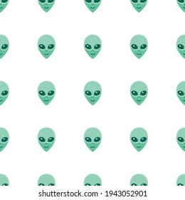 Seamless pattern with Aliens green heads. UFO, Humanoids endless backdrop isolated. Smiling visitors, Martians. Vector illustration, wallpaper on theme of space, conspiracy theory, Sci-fi, fantastic