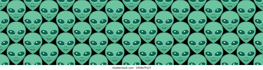 Seamless pattern with Aliens green heads. UFO, Humanoids endless backdrop isolated. Smiling visitors, Martians. Vector illustration, wallpaper on theme of space, conspiracy theory, Sci-fi, fantastic